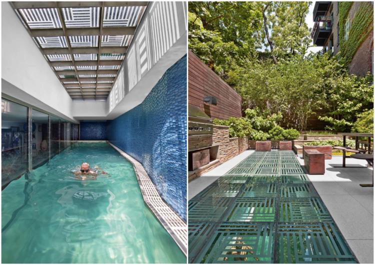 úzky bazén presklené strešné panely podlahová terasa