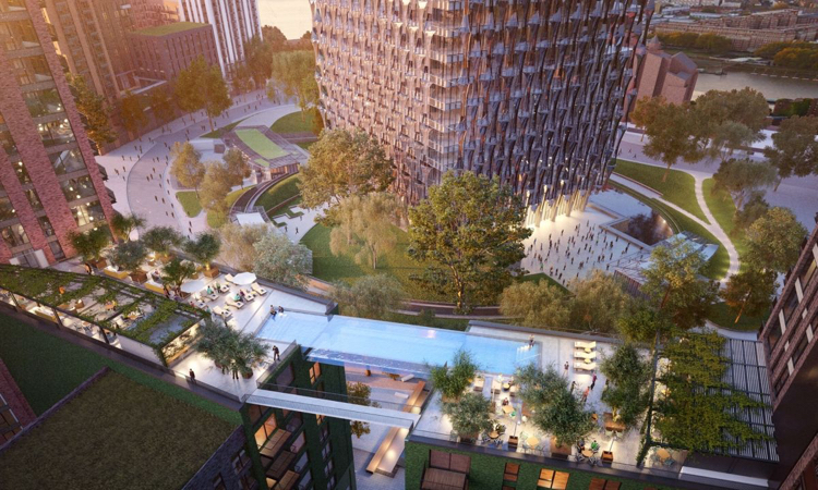 sklenený bazén medzi mrakodrapmi koncept Londýn