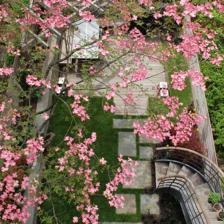 drieň-záhrada-malý-nápad-moderný-dizajn-kamenné dosky-záhradné cestičky-točité schodisko