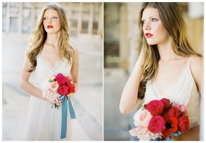 svadobné líčenie nápady na pery v kytici pomarančových rúžov ​​a pivoniek