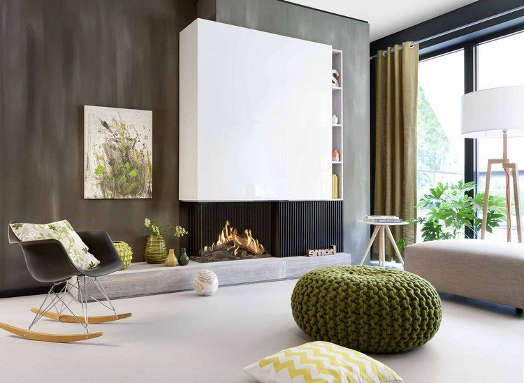 Obývacia izba v sivej a khaki farbe - sporák Fairo Eco Prestige 80 od spoločnosti Kal -fire moderný-krb-plynový-obývačka-prírodná-farba-FAIRO-ECO-PRESTIGE-80-Kalfire