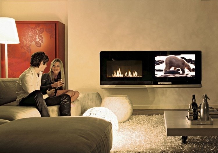 Kombinácia krbu a televízie Scenár od MCZ Moderná pec na drevo, plynová vstavaná stena-oceľ-uzavretá-SCENARIO-MCZ