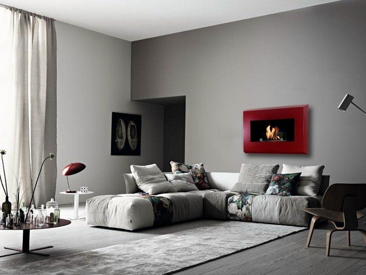 nástenný krb s červeným rámom v sivej obývačke Moderná kachľová stena-sklenené okno-červený-rám-RAFFAELLO-bioKamino-CAR-Z-MET