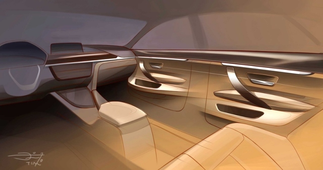 Interiérový náčrtok interiéru BMW radu 4 Gran Coupe 2014 Gran Coupe 2014 interiérový náčrt tkaninového dizajnu