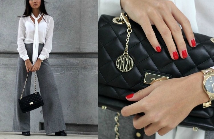 široké nohavice v sivej a vzdušnej blúzke v bielej farbe Módny trend Široké nohavice Neo Boheme-vysoký pás-biela-košeľa-kabelka