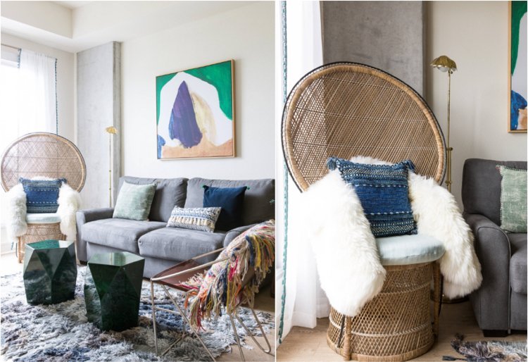 Pávové kreslo v interiéri interiéru etno boho