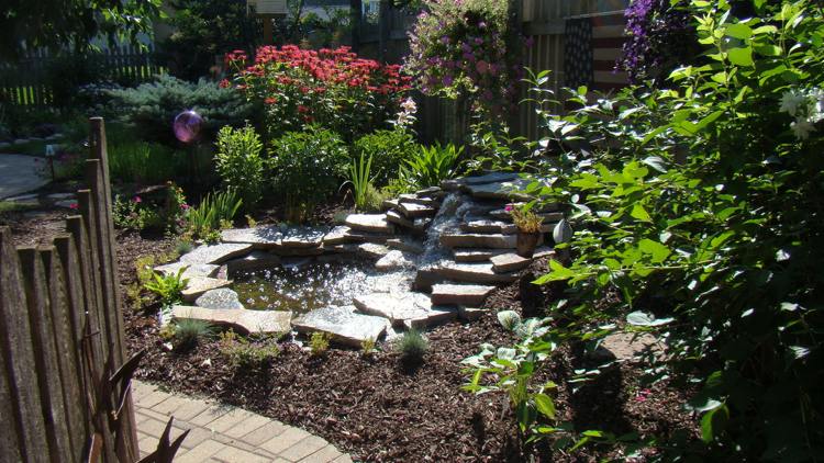 rybník-záhrada-údržba-kamenné dosky-vodný prvok-mulčovacie kríky