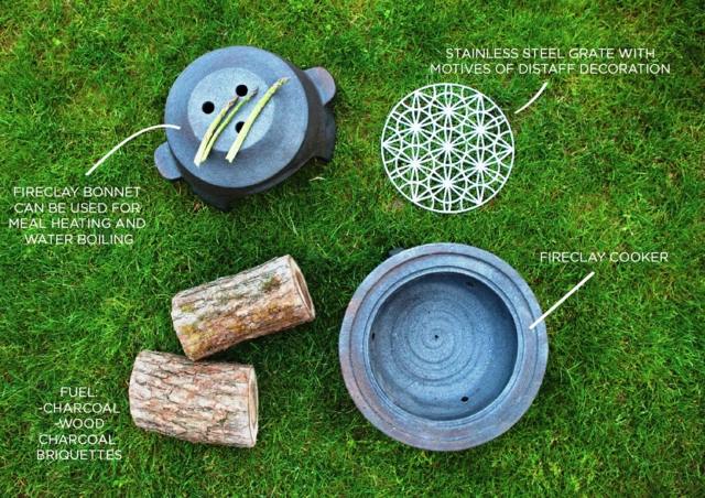 Prenosný záhradný gril v jeho jednotlivých častiach gril malá rúra inovácia moderný vynález