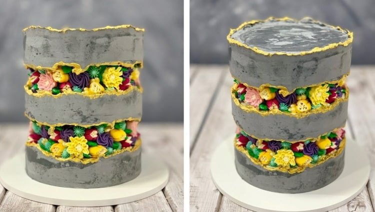 Farebné kvety maslového krému v sivom koláči