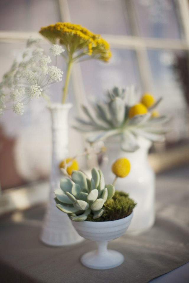 Pohár na vajíčko ako ozdoba stolu - kvetináč so sukulentnými rastlinami a machom vázy dekorácie stolu sukulenty svadba žltozelená