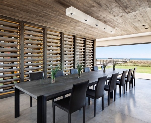 jedáleň jedálenský stôl dizajn drevená stena deco moderný