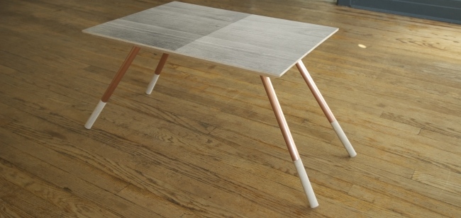 Kevin Michael Burns Dizajnový nábytok Drevený stôl Kovové nohy Mosadz Hard-copy