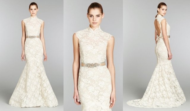 lazaro-2013-svadobné šaty-biela-trúbka-čipka-stojan-golier-opasok
