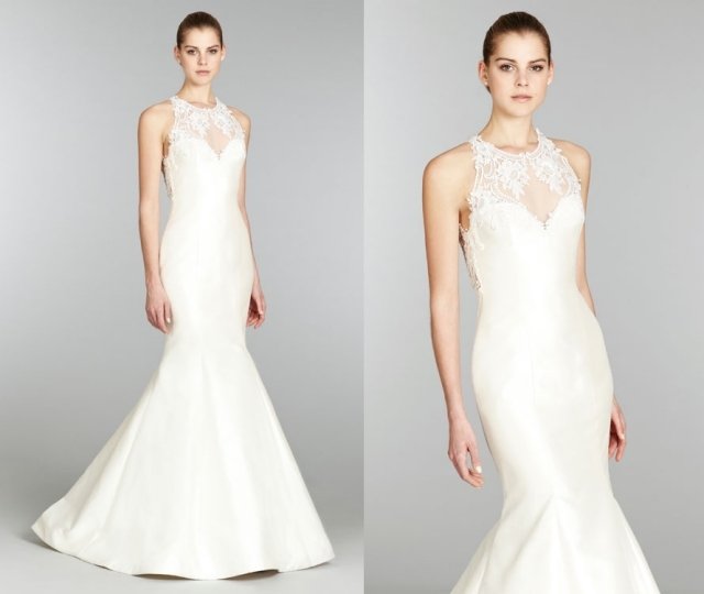 lazaro-2013-svadobne saty-mikado-hodvábna trúbka-tvar-krajka-iluzivny výstrih