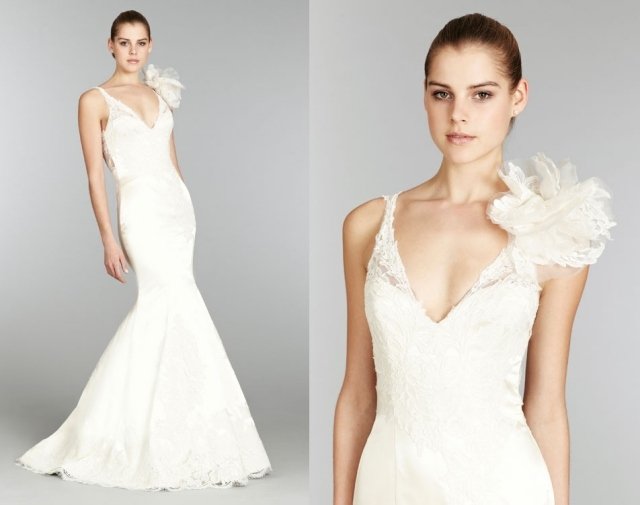 lazaro-2013-svadobné šaty-biele-dlhé-hodvábne-saténové-trúbkové-čipkové-výstrih-do-kvetinové