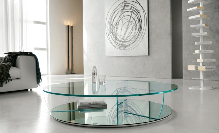 Okrúhly konferenčný stolík zo skla - moderný a štýlový Sklenený stolík okolo konferenčného stolíka, ktorý zariadi modernú obývaciu izbu