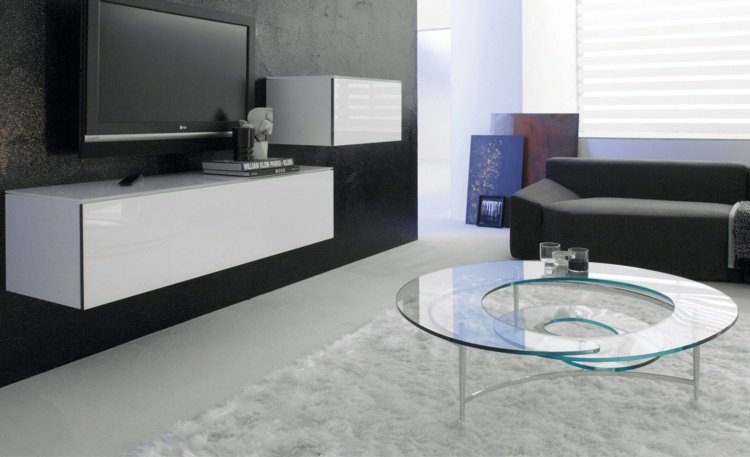 Okrúhly sklenený stôl do obývačky v neutrálnych farbách Sklenený dizajnový konferenčný stolík