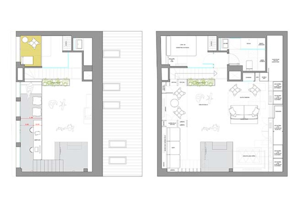 pôdorys dizajnového penthousu s priestorom na hranie a zábavou, spálňou a kúpeľňou