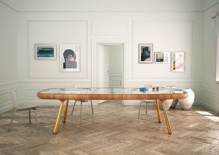 Mosadzné nohy, drevený rám a sklenená doska Dizajnový jedálenský stôl kaleidoskop-sklo-doska-mosadz