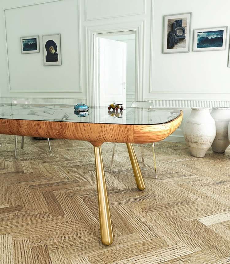 Rám stola z lakovaného duba Dizajnový jedálenský stôl kaleidoskop-dub-rám-mosadz-nohy-sklenená doska