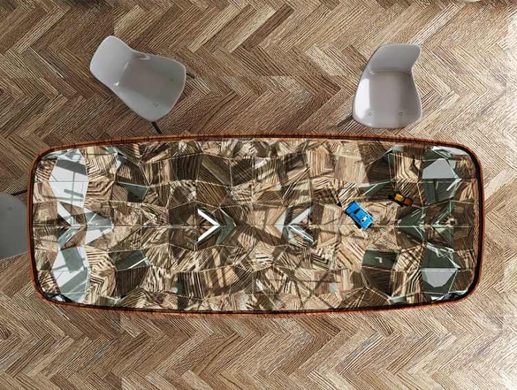 Efekty kaleidoskopu pod sklenenou doskou stolu dizajnér-jedálenský stôl-kaleidoskop-efekty-zrkadlo-stôl-doska