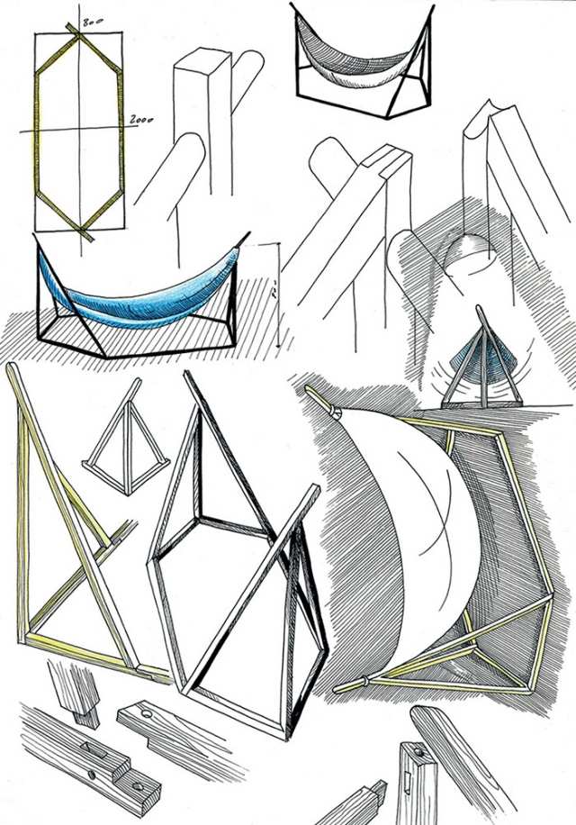 Dizajnér-hamak-drevený rám-Laurent-Corio-kresba ťahom