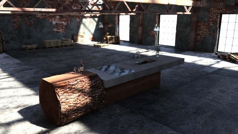 Ručne opracovaný-kmeň-strom-dizajnér-kuchyňa-dub-betón-vstavaný-drez