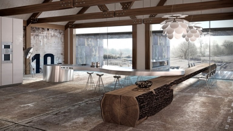 moderný-kuchynský-dizajn-stolársky kufor-kmeň stromu-nerezová pracovná plocha