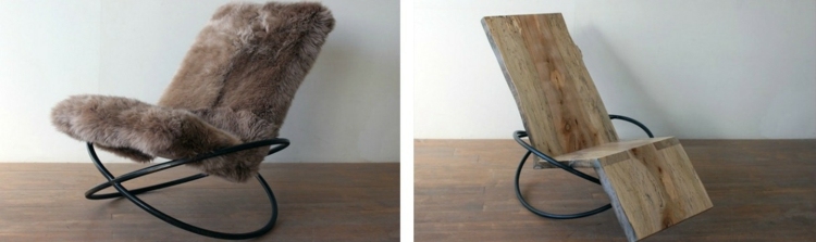 Dizajnová stolička Bascule s angorskou pokožkou dizajnový drevený nábytok stolička bascule angorská kožušina ovce kovové nohy čierne