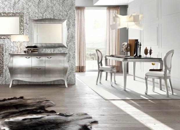 nápady na dizajn kožušinový koberec laminátová podlaha zariadená jedáleň