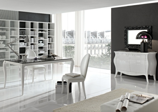 čierna biela komoda kožená stolička koberec drevený stôl