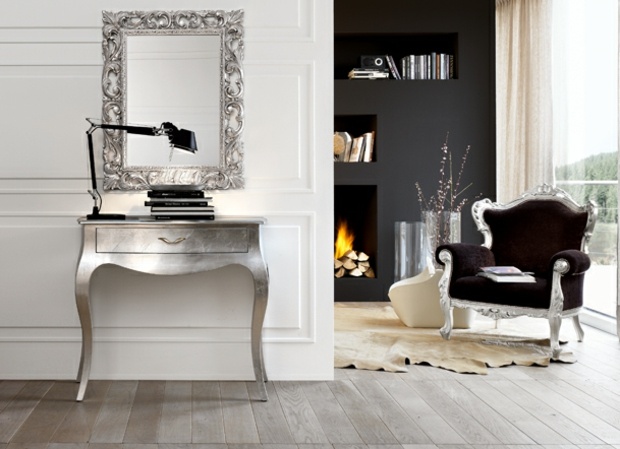 Nočný stolík zrkadlový rám krb obývacia izba čalúnený nábytok