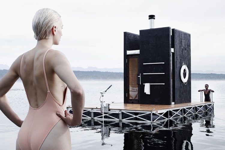 Dizajnová sauna so základom plávajúcim vo vode Dizajnér sauna-raft-motor-ostrov-jazero-plávanie