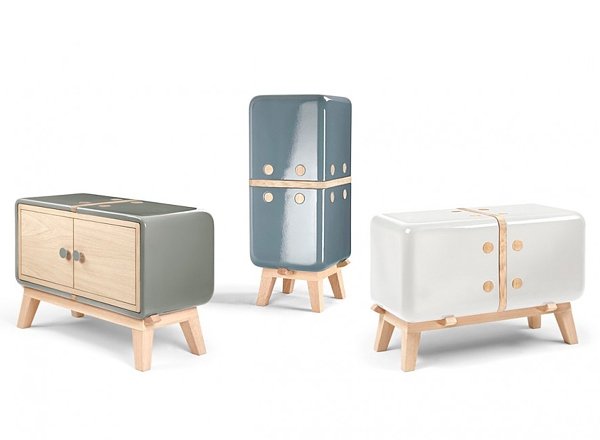 dizajnové skrine z dreva a keramiky biela sivá