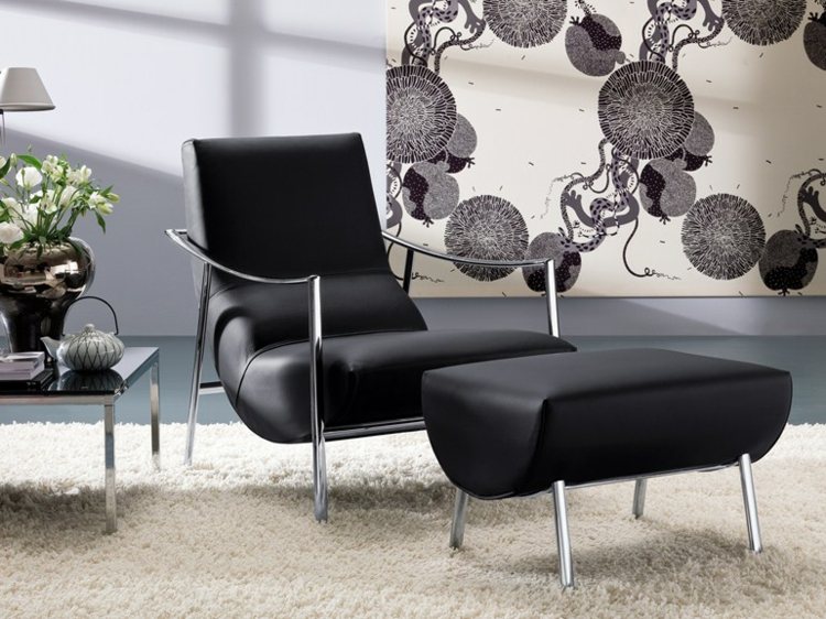 Dizajnové kreslo kovový rám taburetky z čiernej kože