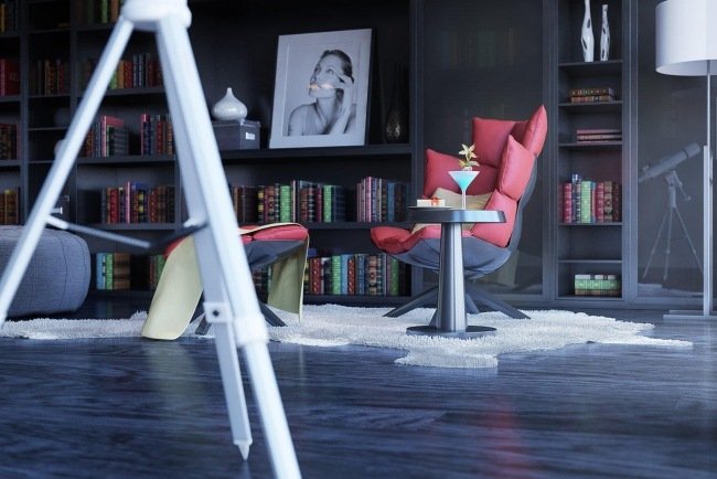 dizajnérska stolička so stoličkou v čiernej červenej obývačke