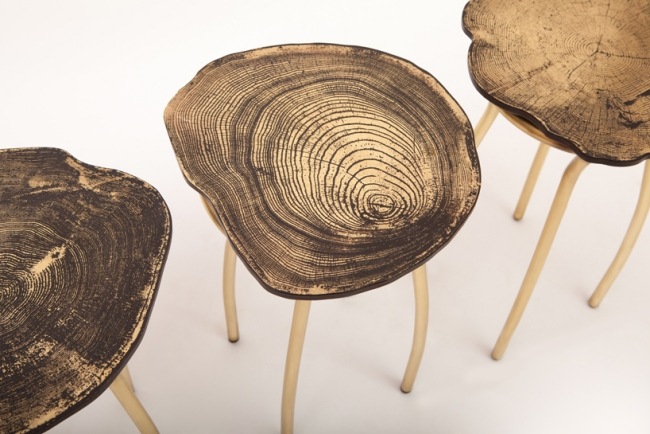 Dizajnová taburetka letokruhy strom ilúzia kov