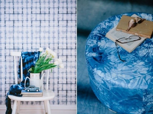 Drevená taburetka biela s moderným dizajnom motívov tapiet s geometrickým vzorom Shibori