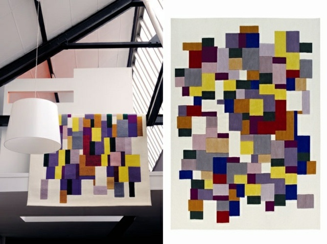 geometrický vzor kobercová stena zdobí štvorce Stena koberca zdobí štvorce biela modrá žltá oranžová