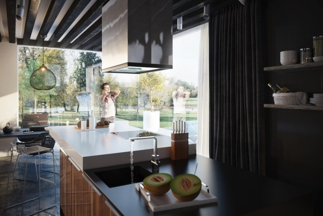 Farebný koncept kuchyne-tmavá ochrana súkromia-závesy kuchynský ostrov-s kovaním Kuchynský farebný koncept-závesy kuchynský ostrov s drezom
