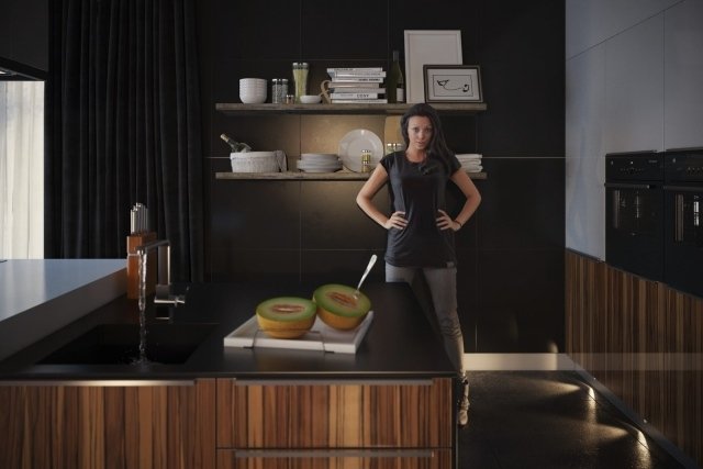 Kuchynský ostrovček orechové drevo kuchynské linky 3d vizualizácia Kuchynský ostrovček z orechového dreva kuchynský nábytok 3d koncepty kuchyne