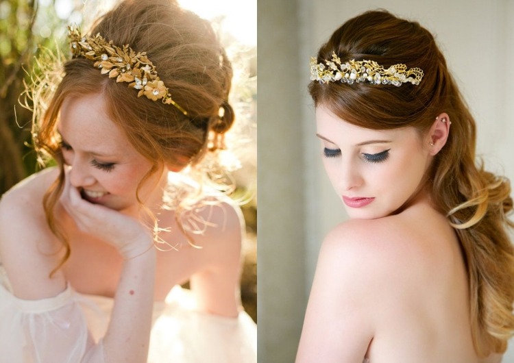 zlatá čelenka pre ryšavé a tmavovlasé nevesty Diadém pre svadobné zlaté kamienky-blond-ryšavky