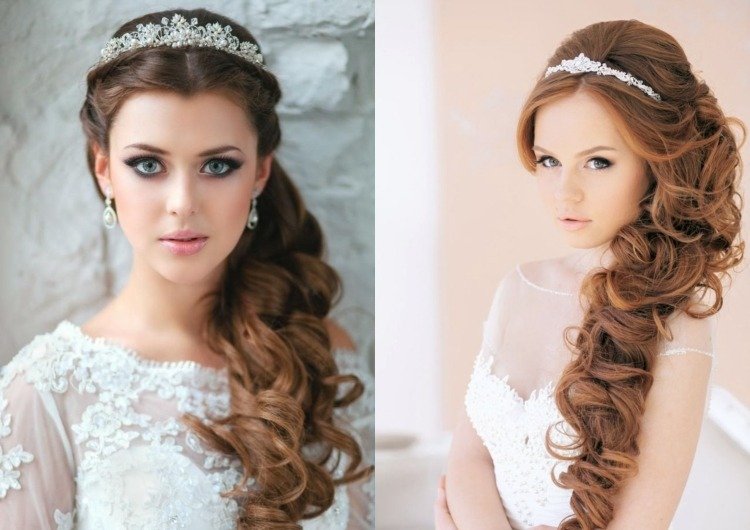 objemné kučery pripnuté na stranu a diadém Diadém pre svadobné svadobné účes-bokom-kučery