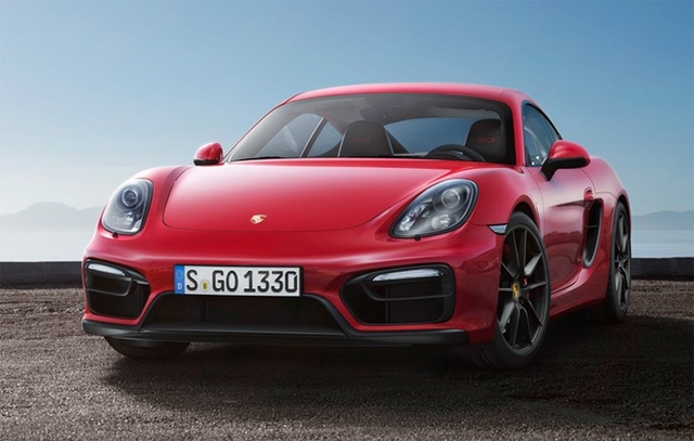 Predná časť Porsche Cayman GTS s krásnym športovým dizajnom Vpredu Porsche Cayman GTS a Boxster GTS 2014