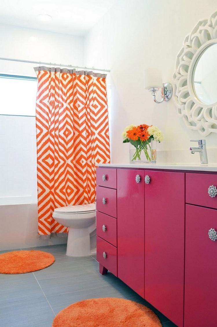 best-color-bathroom-color-accents-vanity-pink-sink-mirror-orange-runner