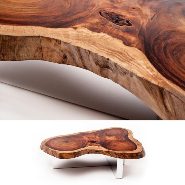 Konferenčný stolík z recyklovaného dreva, kombinácia plexiskla, červená