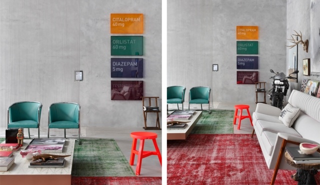 Farby bytu červený koberec-zelené kreslá