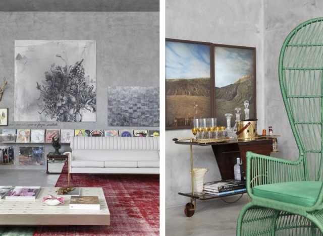 Interiérový dizajnový projekt zeleného kresla s červeným kobercom