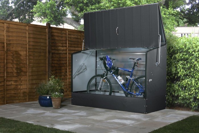 Kovový box na bicykle so sklopným predným otvorom box na bicykle-antracitové-skladacie-dvere-priestorovo úsporné-parkovacie-bicykle
