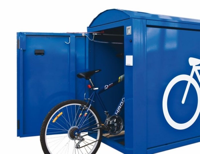 Garáž na bicykle v modrom uzamykateľnom stojane na bicykle box na bicykle-garáž na bicykle-uzamykateľný-stojan-modrý